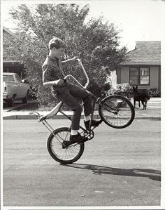 a boy on a bicycle doing tricks in the air with his dog nearby and another person walking behind him