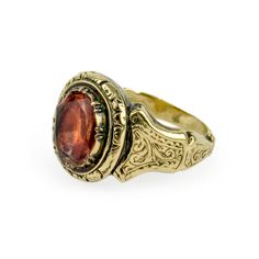 Antique 14k Stamped Jewelry For Ceremonial Occasions, Gold Domed Ruby Ring With Gemstone, Ceremonial 14k Gold Ring Jewelry, 14k Gold Ceremonial Ring, 14k Gold Ceremonial Ring Jewelry, Ceremonial 14k Gold Ring, Gold Ruby Ring With Domed Shape, 14k Gold Engraved Ring With Gemstone, Heirloom Gold Signet Ring With Gemstone