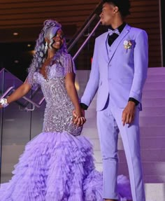 Prom Looks Purple, Prom Purple Dress Couple, Purple And Gold Prom Couple, Purple Prom Looks Couple, White And Purple Prom Couple, Lavender Prom Suit, Purple Prom Dress Couple, Lavender Prom Couple