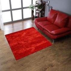 a living room with a red couch and rug on the wooden floor next to a window