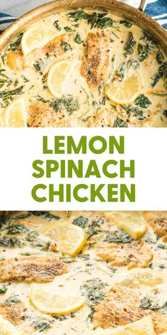 lemon spinach chicken in a skillet with text overlay