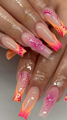 Bright Pink Summer Acrylic Nails, Pink Orange Nails Design, Nails Square Colorful, Floral Nails Square, Nail Inspo Square Flower, Vacation Long Acrylic Nails, Orange Nails Long, Nail Orange Pink, Tropical Theme Nails