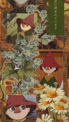 an image of some people with flowers in front of them and japanese writing on the back