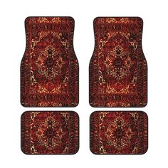 four red rugs with an intricate design on the front and back, all in different sizes