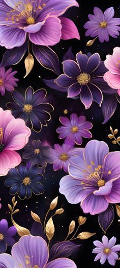 purple and pink flowers with gold leaves on a black background, seamless pattern for fabric or wallpaper