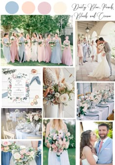 a collage of photos with different colors and wedding flowers on them, including blue, pink