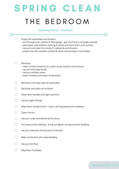 a cleaning checklist with the words spring clean and the bed room written in it