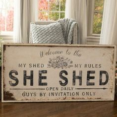 She Shed Large Metal Sign Art Studio Sign Ideas, She Shed Sign Ideas, She Shed Names, She Shed Signs Diy, She Sheds Ideas, Shed Makeover Interior, Farmhouse She Shed, Shabby Chic She Shed