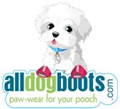 the logo for alldogboots com with a small white dog wearing red shoes