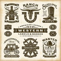 western badges and emblems on old paper