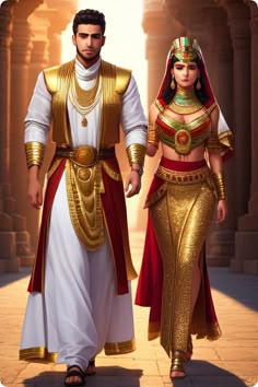 an egyptian couple dressed in gold and red are walking down the street with each other