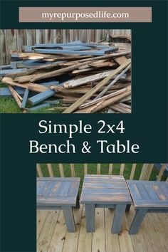 two benches and table made out of wood planks with text overlay that reads simple 2x4 bench & table