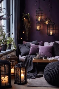 a living room filled with lots of furniture and lights on the wall next to a window