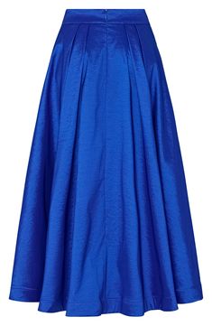 Elevate your ensemble in this A-line midi skirt crafted from glossy taffeta. 32" length 57% polyester, 38% nylon, 5% spandex Dry clean Imported Spring Silk A-line Maxi Skirt, Party Midi Skirt With Folds, Midi Skirt With Folds For Party, Silk A-line Skirt, Party Satin Skirt With Folds, Evening Midi Skirt With Folds, Evening Satin Knee-length Skirt, Spring Long Nylon Skirt, Spring Satin Skirt With Gathered Detail