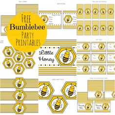 the bumblebee party printables are shown with honeycombs and bees