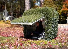 a man sitting in a chair made out of a box surrounded by leaves and flowers