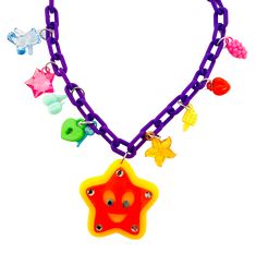 This 16" necklace is a perfect choice for kids and adults alike. It features a lobster closure plus a strong plastic link chain. The center charm of each necklace is the same while the surrounding charms may differ. To customize your necklace, please reach out to us. All necklaces come with a Sadie's Moon card for easy packaging. Kidcore Necklace, Clowncore Outfit, Moon Card, Happy Jar, Scene Core, Mabel Pines, Kandi Bracelets, Charm Necklaces, Kid Core