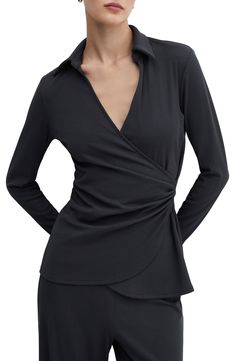 Head off to the office in elegant style with this long-sleeve top accented by a spread collar and pretty gathers along the waist. Spread collar Surplice V-neck Long sleeves 93% polyester, 7% elastane Machine wash, dry flat Imported Kimono Style Tops, Head Off, Kimono Fashion, Elegant Style, Shirt Sleeves, Long Sleeve Top, The Office, Long Sleeve Tops, Sleeve Top