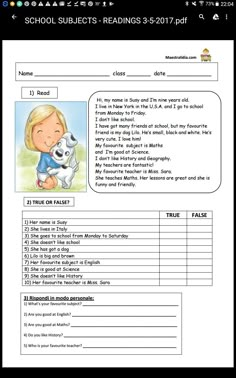 the worksheet for school subjects reading 3 - 5 - 7, including an image of a child holding a dog