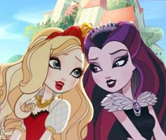 two cartoon characters are standing next to each other, one is wearing a tiara and the other has long red hair