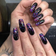 Black N Glitter Nails, Nails Black And Sparkle, Encapsulated Nails Glitter Black, Encapsulated Black Nails, Purple Black Glitter Nails, Irredescent Nails Black, Black And Purple Glitter Ombre Nails, Black Irridescent Nails Acrylic, Goth Glitter Nails