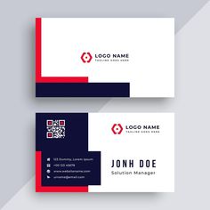 two business cards with red and blue accents