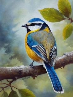 a painting of a blue bird perched on a branch