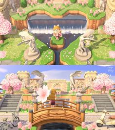 two different views of the same park with flowers and animals on it, one in front of