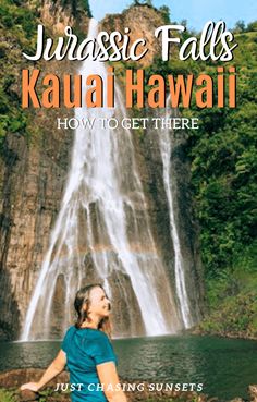 a woman standing in front of a waterfall with the words, how to get there