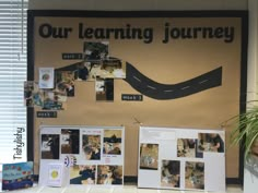 a bulletin board with pictures on it and a sign that says our learning journey next to it