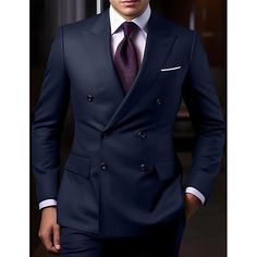 Category:Suits; Embellishment:Pocket; Season:Spring, Fall, Winter, Summer; Fabric:Cotton Blend; Front Closure:Double-Breasted Buttons; Style:Formal,Business,WorkWear,Dress; Includes:Pants,Jacket; Occasion:Wedding; Fit Type:Tailored Fit; Jacket Buttons:Double Breasted Six-buttons; Jacket Vents:Single (Center); Jacket Pockets:Straight Flapped; Pattern:Solid Colored; Neckline:Peak; Listing Date:10/25/2023; Production mode:External procurement; Pant Length:; Pants Waist:; Shoulder Width:; Sleeve Len Men Attire, Cheap Suits, Church Suits, Style Formal, Tuxedo Suit, Purple Guy, Wedding Suits Men, Pant Length, Formal Business