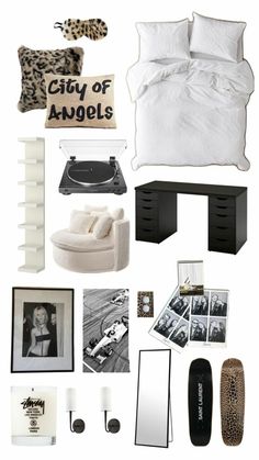 a collage of black and white items including a bed, desk, mirror, record player