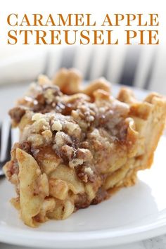 a close up of a plate of food with waffles on it and the words caramel apple streusel pie