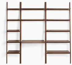 a wooden shelf with several shelves on it