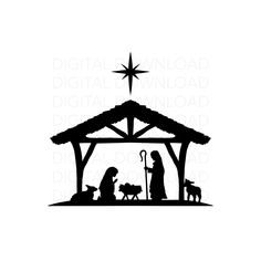 a christmas nativity scene with the birth of jesus and baby jesus in black on a white background