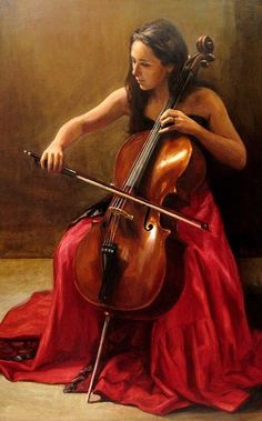 a painting of a woman in red dress holding a cello and sitting on the ground