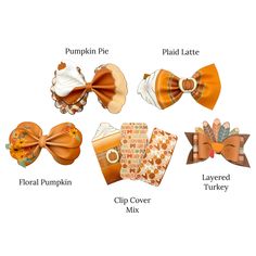 an assortment of pumpkin themed hair accessories