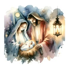 a watercolor painting of a nativity scene with the baby jesus in manger