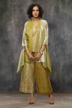 Shop for Bodhi Tree Yellow Brocade Silk Woven Asymmetric Jacket Pant Set for Women Online at Aza Fashions Bodhi Tree, Asymmetric Jacket, Color Block Jacket, Cotton Clothes, Yellow Silk, Silk Suit, Silk Brocade, Indian Designer Outfits, Kurta Designs