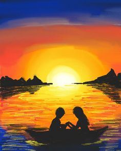 two people sitting in a small boat on the water with an orange and yellow sunset