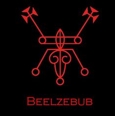 the logo for beezlebub is shown in red on a black background with arrows