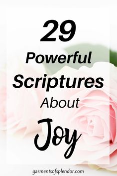 pink roses with the words 29 powerful scripturess about joy in black and white text