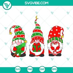 three christmas gnomes with hats and stockings