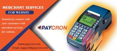 a cell phone with the words paycron on it and an orange background that says merchant services for website