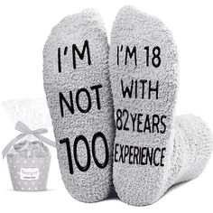 100 BIRTHDAY GIFTS FOR MEN: These grey 100th birthday socks could be cool gifts for 100 year old man in your life, such as your dad, grandpa, husband, brother, uncle or male friend. GIFTS FOR WOMEN IN THEIR 100S: Say it with socks - "I'M NOT 100, I'M 18 WITH 82 YEARS EXPERIENCE." These are suitable for any holiday gifts, such as Birthday gifts, White Elephant gifts, Christmas gifts, Mothers Day gifts. 100 AND FABULOUS GIFTS FOR WOMEN: Our Happy Birthday socks could be the perfect funny 100th Bir 49 Birthday, 39th Birthday, Birthday Gifts For Men, Christmas Wedding Gifts, Christmas Surprise, 65th Birthday, 70th Birthday Gifts, Son In Law, Cute Cupcakes