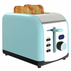 a toaster with two slices of bread on it and the top half is blue