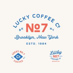 the lucky coffee co logo is shown in red, white, and blue on a white background