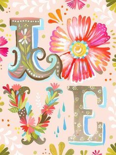 the letters j and f are painted with flowers on pink background, as well as water droplets