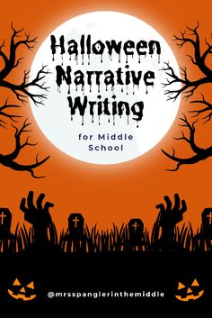 halloween writing for middle school students with pumpkins and graveyard silhouettes in the background