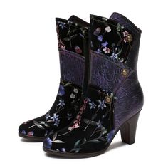 CrazycatZ Womens Leather Ankle Boots Bohemian Block Heel Colorful Flor – Crazycatzzz Luxury Designer Low-top Boots, Luxury Low-top Leather Boots, Luxury Purple Block Heel Heels, Luxury Purple Block Heel Shoes, Luxury High-top Synthetic Boots, Luxury Purple Block Heels, Luxury Hand-tooled Fitted Boots, Luxury Heeled Boots With Padded Block Heel, Floral Ankle Boots